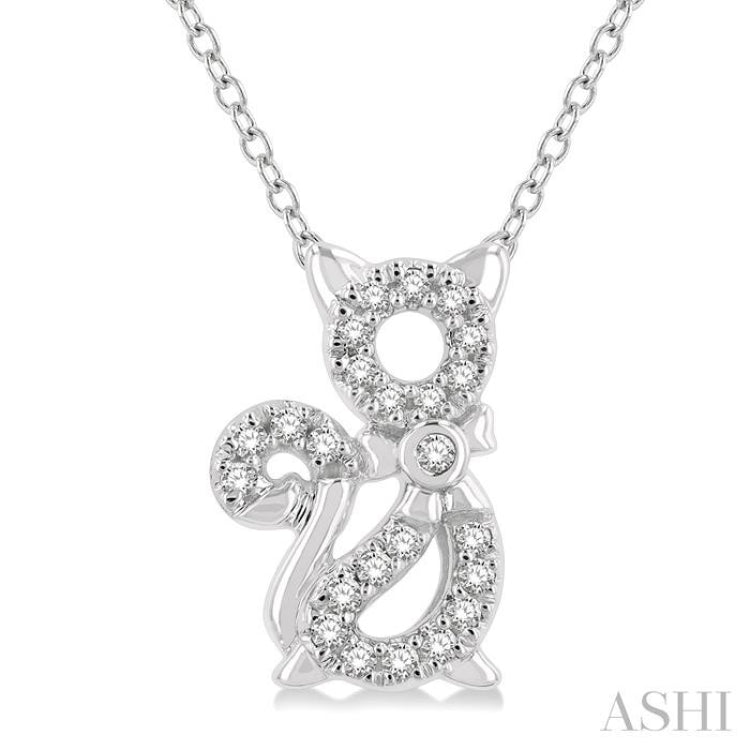 1/10 Ctw Cat Motif Petite Round Cut Diamond Fashion Pendant With Chain in 10K White Gold