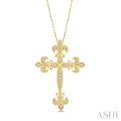 1/10 Ctw Fleur De Lis Round Cut Diamond Cross Pendant With Chain in 10K Yellow Gold