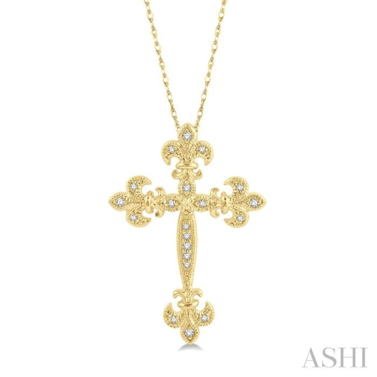 1/10 Ctw Fleur De Lis Round Cut Diamond Cross Pendant With Chain in 10K Yellow Gold