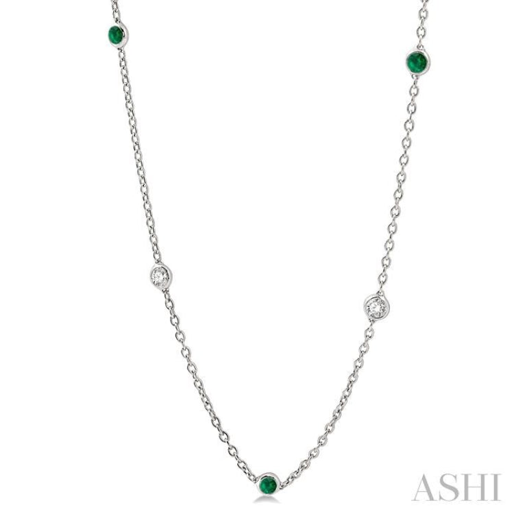 1/2 ctw Round Cut Diamond and 2.85MM Emerald Precious Station Necklace in 14K White Gold