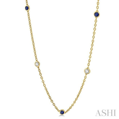 1/2 ctw Round Cut Diamond and 2.85MM Sapphire Precious Station Necklace in 14K Yellow Gold