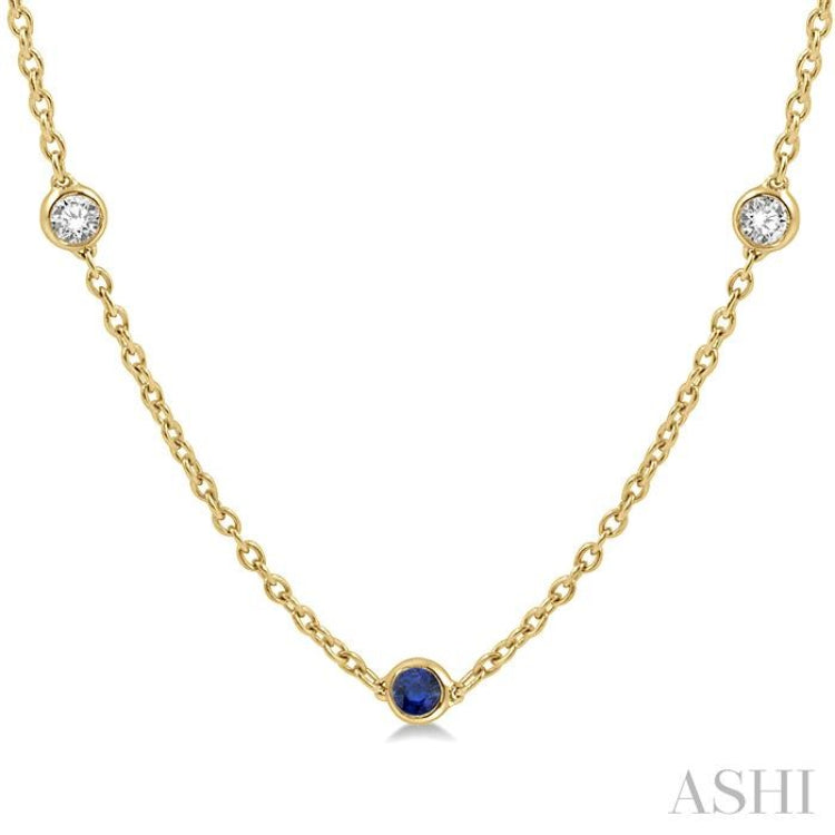 1/2 ctw Round Cut Diamond and 2.85MM Sapphire Precious Station Necklace in 14K Yellow Gold