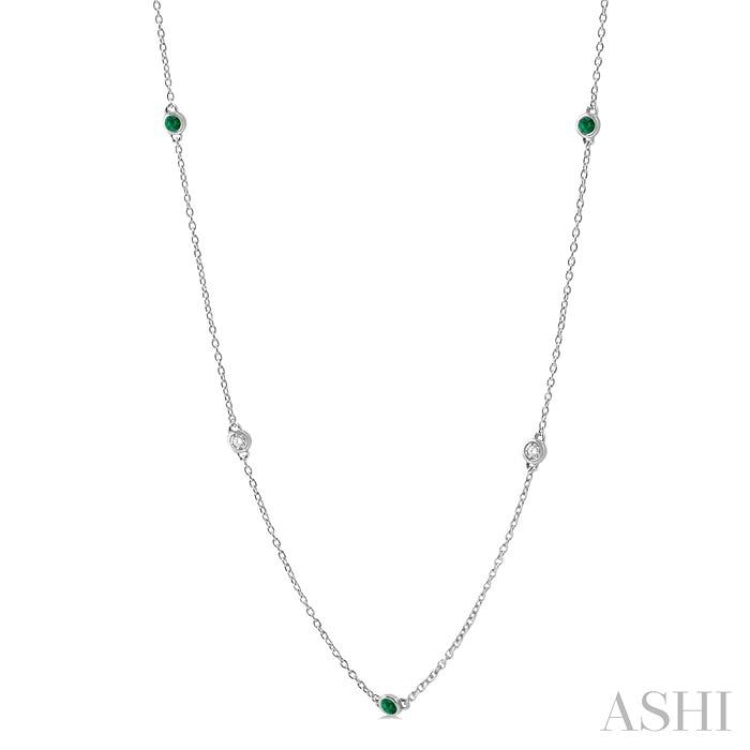 3/8 ctw Round Cut Diamond and 2.6MM Emerald Precious Station Necklace in 14K White Gold