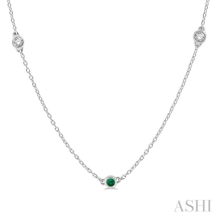 3/8 ctw Round Cut Diamond and 2.6MM Emerald Precious Station Necklace in 14K White Gold