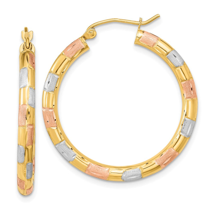 14k w/ White and Rose Rhodium Polished Satin Diamond-cut Hoop Earrings