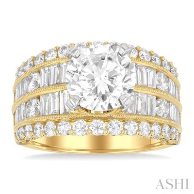 2 1/3 ctw Wide Shank Baguette and Round Cut Diamond Semi-Mount Engagement Ring in 14K Yellow and White Gold