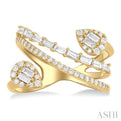 3/4 ctw Pear Shape Fusion Baguette and Round Cut Diamond Fashion Wrap Ring in 14K Yellow Gold