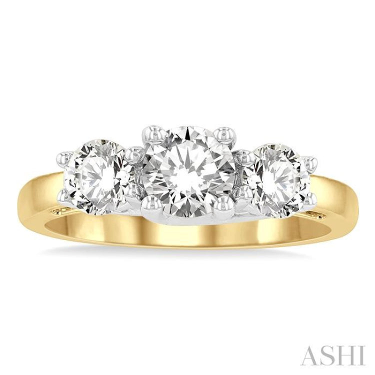 1 1/2 Ctw Round Cut Diamond Three-Stone Ring in 14K Yellow and White Gold