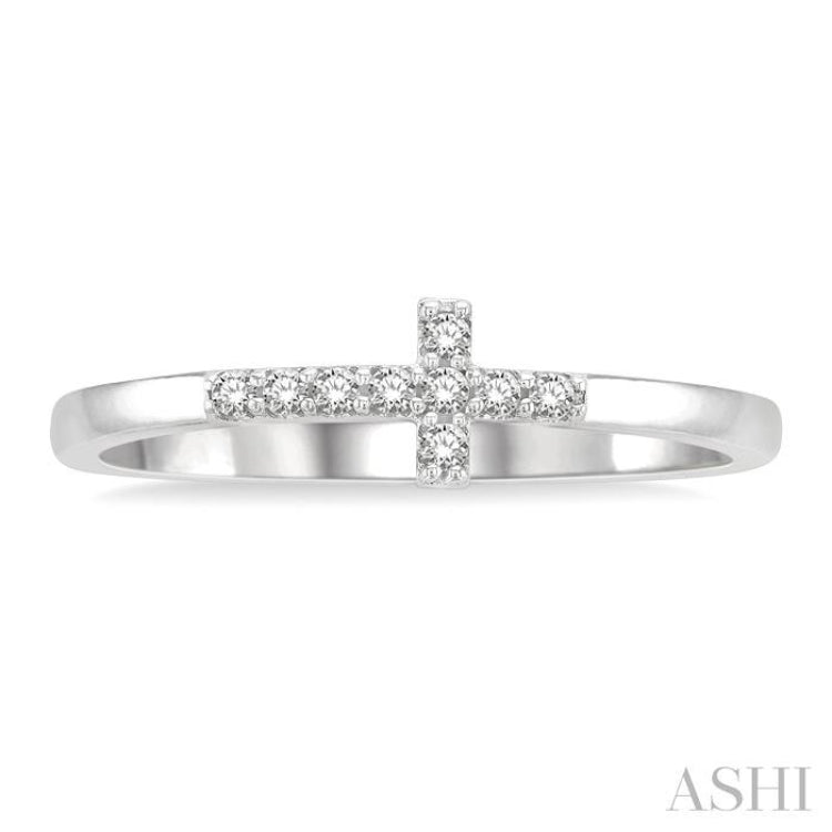 1/10 ctw Petite Reclining Cross Round Cut Diamond Stackable FAshion Ring in 10K White Gold