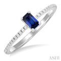 1/10 ctw Petite 5x3 MM Emerald Cut Sapphire and Round Cut Diamond Precious Fashion Ring in 10K White Gold