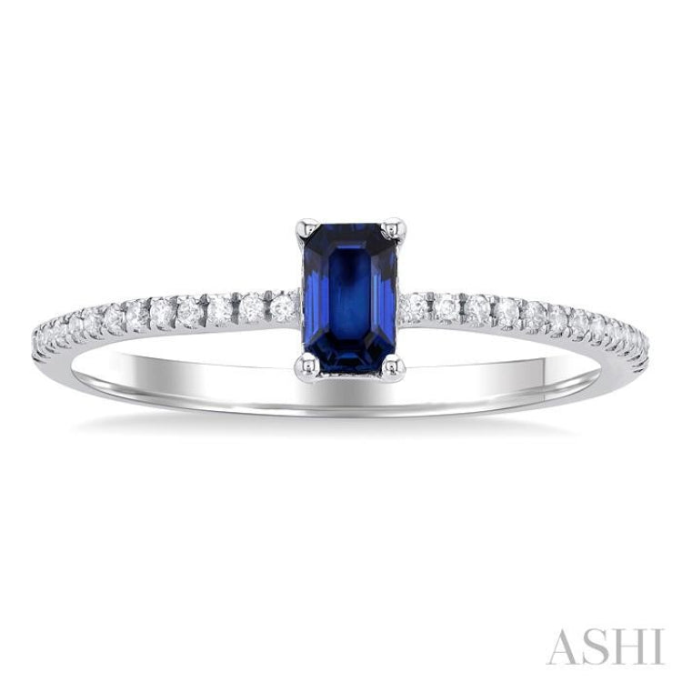 1/10 ctw Petite 5x3 MM Emerald Cut Sapphire and Round Cut Diamond Precious Fashion Ring in 10K White Gold