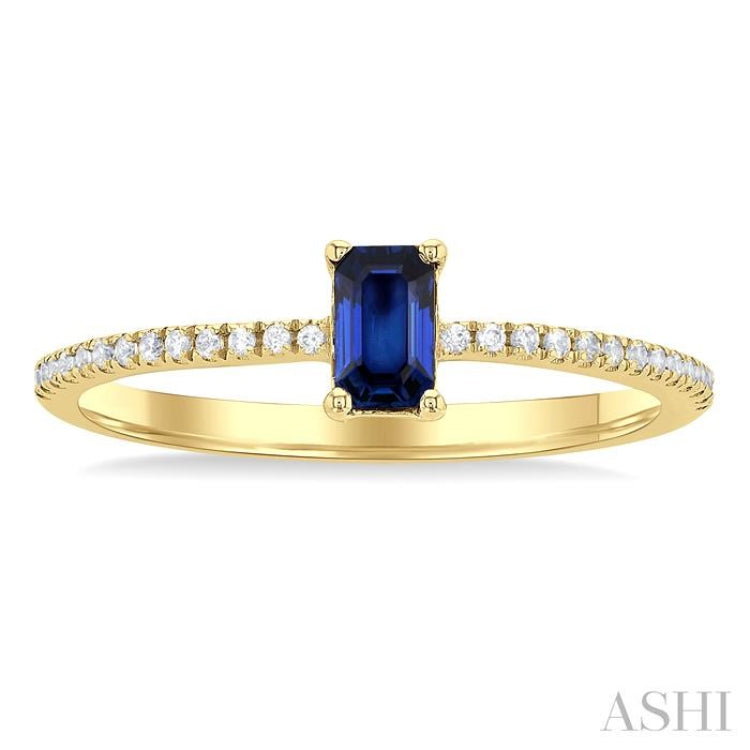 1/10 ctw Petite 5x3 MM Emerald Cut Sapphire and Round Cut Diamond Precious Fashion Ring in 10K Yellow Gold