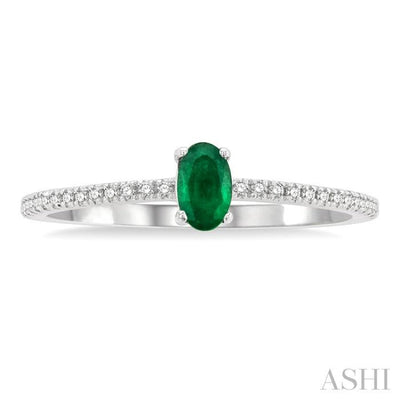 1/10 ctw Petite 5X3MM Oval Cut Emerald and Round Cut Diamond Precious Fashion Ring in 10K White Gold