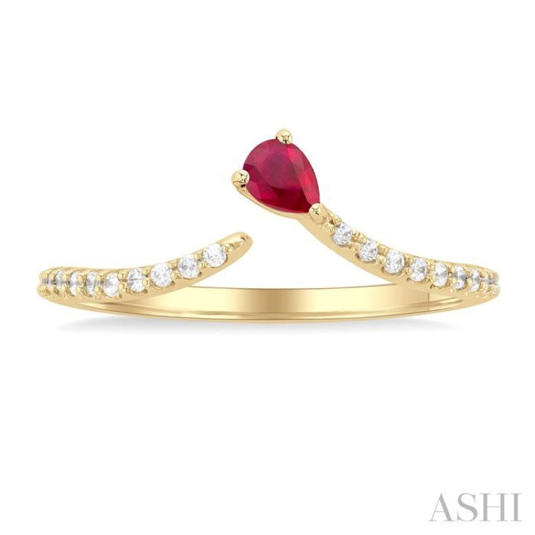 1/10 ctw Petite 4X3 MM Pear Cut Ruby and Round Cut Diamond Precious Fashion Ring in 10K Yellow Gold