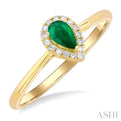 1/20 ctw Round Cut Diamond and 5X3MM Pear Cut Emerald Halo Precious Ring in 10K Yellow Gold