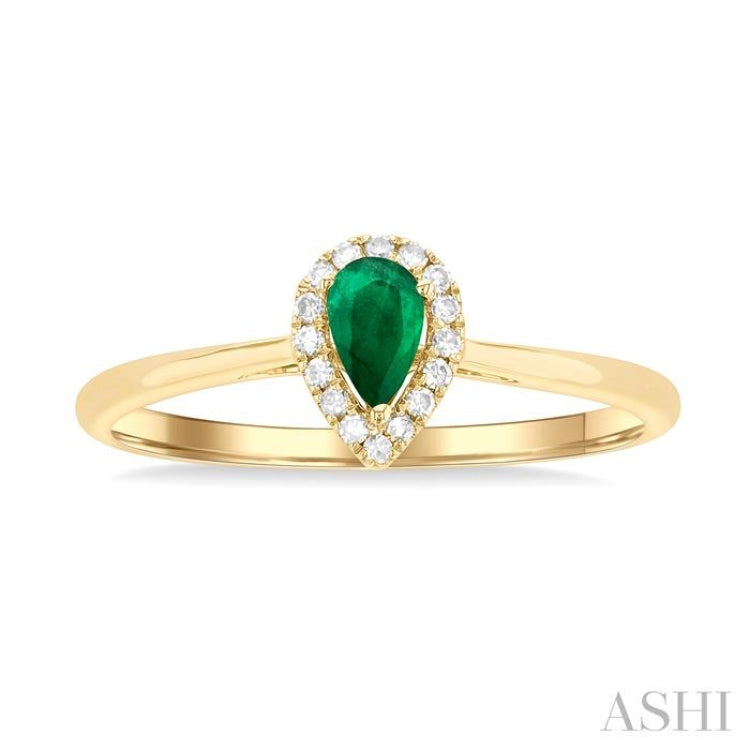 1/20 ctw Round Cut Diamond and 5X3MM Pear Cut Emerald Halo Precious Ring in 10K Yellow Gold