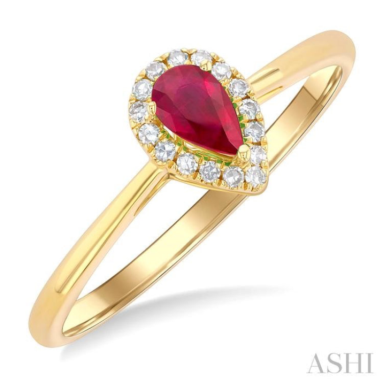 1/20 ctw Round Cut Diamond and 5X3MM Pear Cut Ruby Halo Precious Ring in 10K Yellow Gold