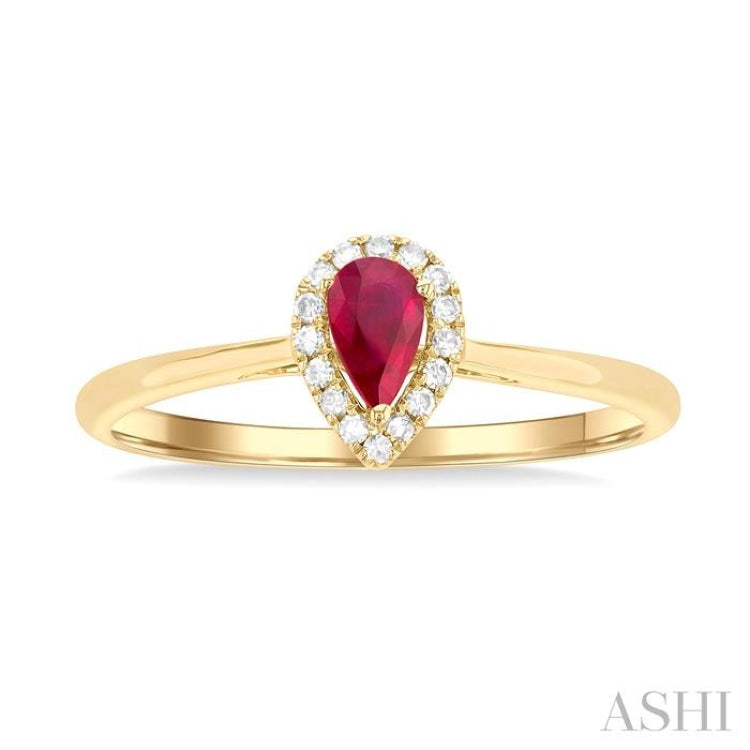 1/20 ctw Round Cut Diamond and 5X3MM Pear Cut Ruby Halo Precious Ring in 10K Yellow Gold