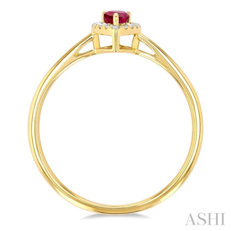 1/20 ctw Round Cut Diamond and 5X3MM Pear Cut Ruby Halo Precious Ring in 10K Yellow Gold