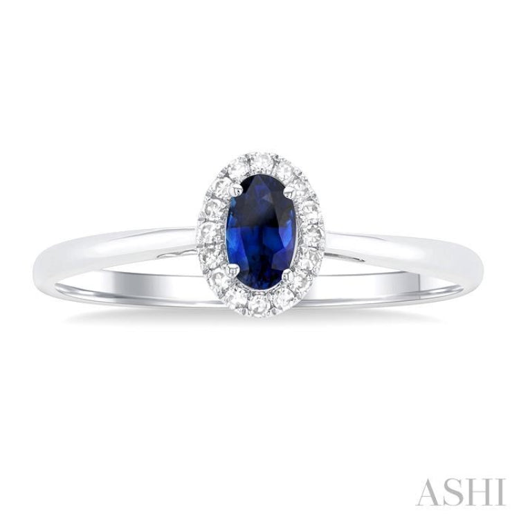 1/20 ctw Round Cut Diamond and 5X3MM Oval Shape Sapphire Halo Precious Ring in 10K White Gold