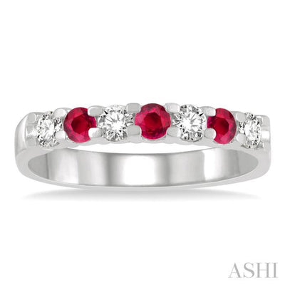 3/8 ctw Round Cut Diamond and 3MM Ruby Precious Wedding Band in 14K White Gold