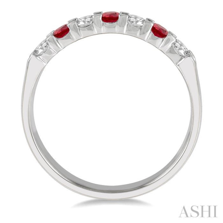 3/8 ctw Round Cut Diamond and 3MM Ruby Precious Wedding Band in 14K White Gold