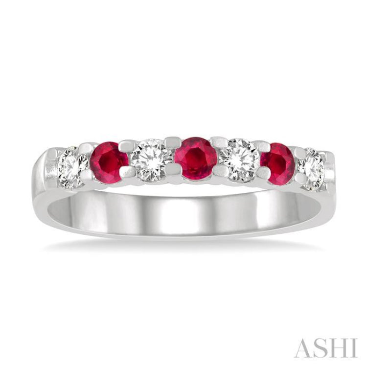 1/4 ctw Round Cut Diamond and 2.6MM Ruby Precious Wedding Band in 14K White Gold