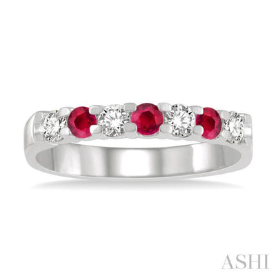 1/4 ctw Round Cut Diamond and 2.6MM Ruby Precious Wedding Band in 14K White Gold