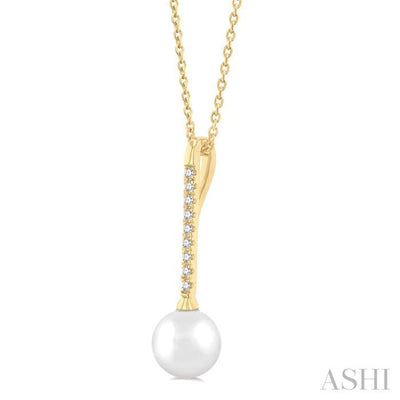 1/10 ctw Petite 7X7MM Cultured Pearl and Round Cut Diamond Fashion Pendant With Chain in 10K Yellow Gold