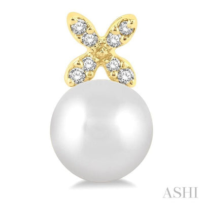 1/20 ctw Petite 4-Petal Flower 5.5 MM Cultured Pearls and Round Cut Diamond Fashion Stud Earring in 10K Yellow Gold