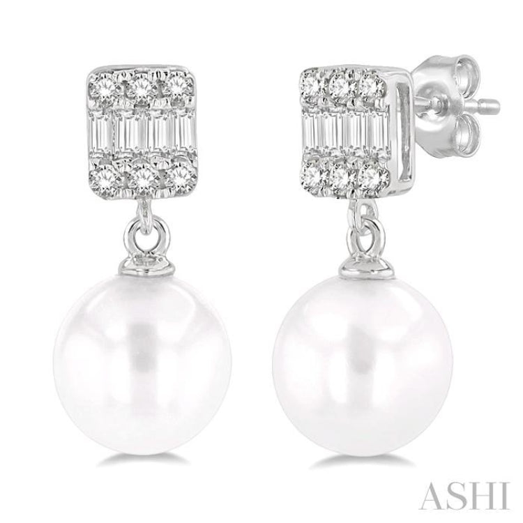 6MM Cultured Pearls and 1/10 ctw Baguette and Single Cut Diamond Earring in 10K White Gold