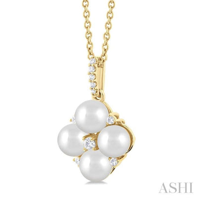 1/10 ctw Floral 5x5 MM Cultured Pearls and Round Cut Diamond Fashion Pendant With Chain in 10K Yellow Gold