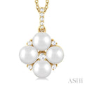 1/10 ctw Floral 5x5 MM Cultured Pearls and Round Cut Diamond Fashion Pendant With Chain in 10K Yellow Gold