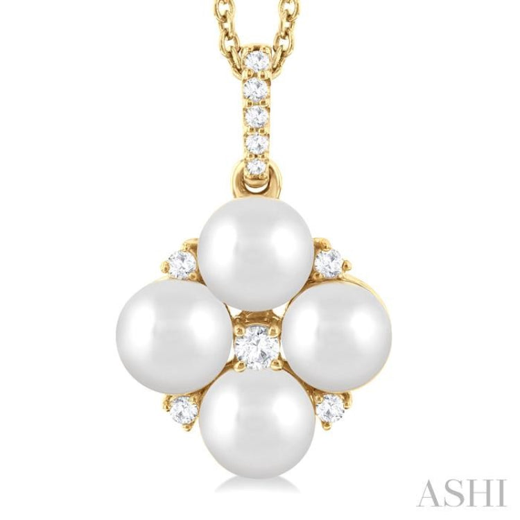 1/10 ctw Floral 5x5 MM Cultured Pearls and Round Cut Diamond Fashion Pendant With Chain in 10K Yellow Gold