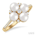 1/6 ctw Floral 5x5 MM Cultured Pearls and Round Cut Diamond Fashion Ring in 10K Yellow Gold