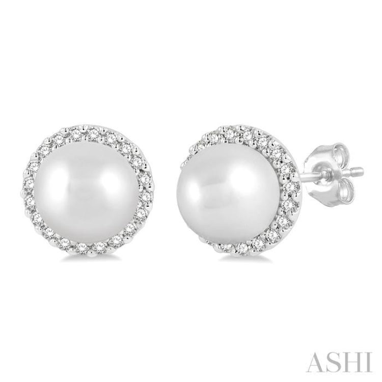 1/8 ctw Petite 5.5 MM Cultured Pearls and Round Cut Diamond Halo Fashion Stud Earring in 10K White Gold