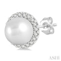 1/8 ctw Petite 5.5 MM Cultured Pearls and Round Cut Diamond Halo Fashion Stud Earring in 10K White Gold