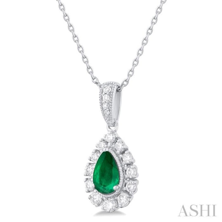 1/4 ctw Pear Cut 6X4 MM Emerald and Round Cut Diamond Precious Pendant With Chain in 14K White Gold