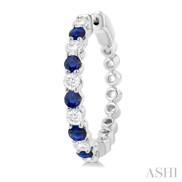 7/8 ctw Round 2.7 MM Sapphire and Round Cut Diamond Precious Hoop Earring in 14K White Gold