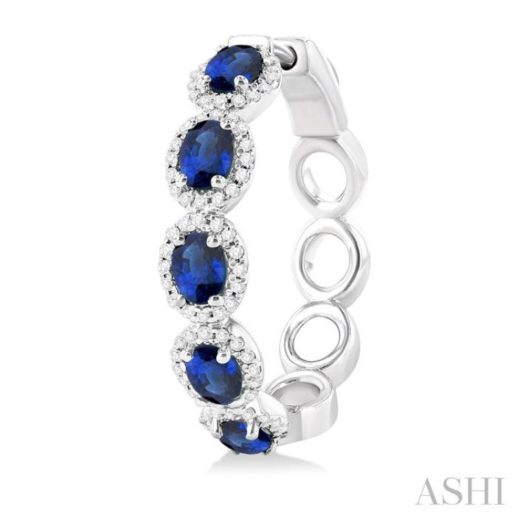 1/2 ctw Oval Cut 4X3 MM Sapphire and Round Cut Diamond Halo Precious Hoop Earring in 14K White Gold