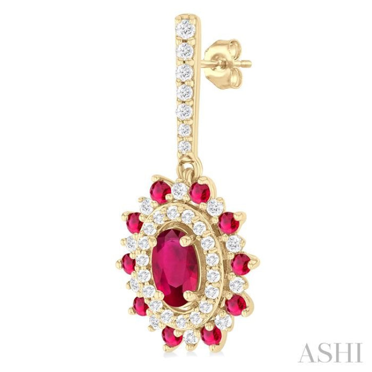 1/3 ctw 5x3 MM & 1.45 MM Ruby and Round Cut Diamond Precious Earring in 14K Yellow Gold