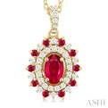 1/4 ctw Floral 6X4 MM Oval & 1.55 MM Round Cut Ruby and Round Cut Diamond Precious Pendant With Chain in 14K Yellow Gold