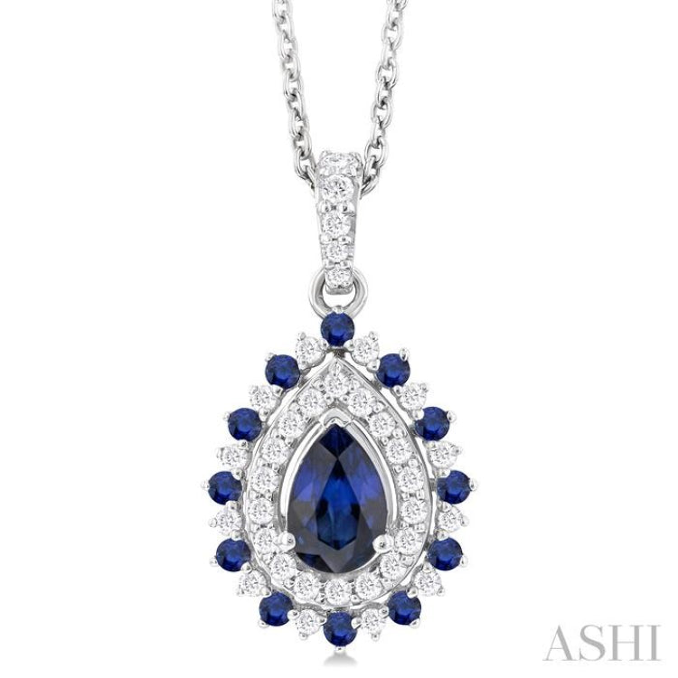 1/4 ctw Floral 6X4 MM Oval & 1.55 MM Round Cut Sapphire and Round Cut Diamond Precious Pendant With Chain in 14K White Gold