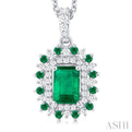 1/5 ctw Floral 6X4 MM Emerald & 1.55 MM Round Cut Emerald and Round Cut Diamond Precious Pendant With Chain in 14K White Gold