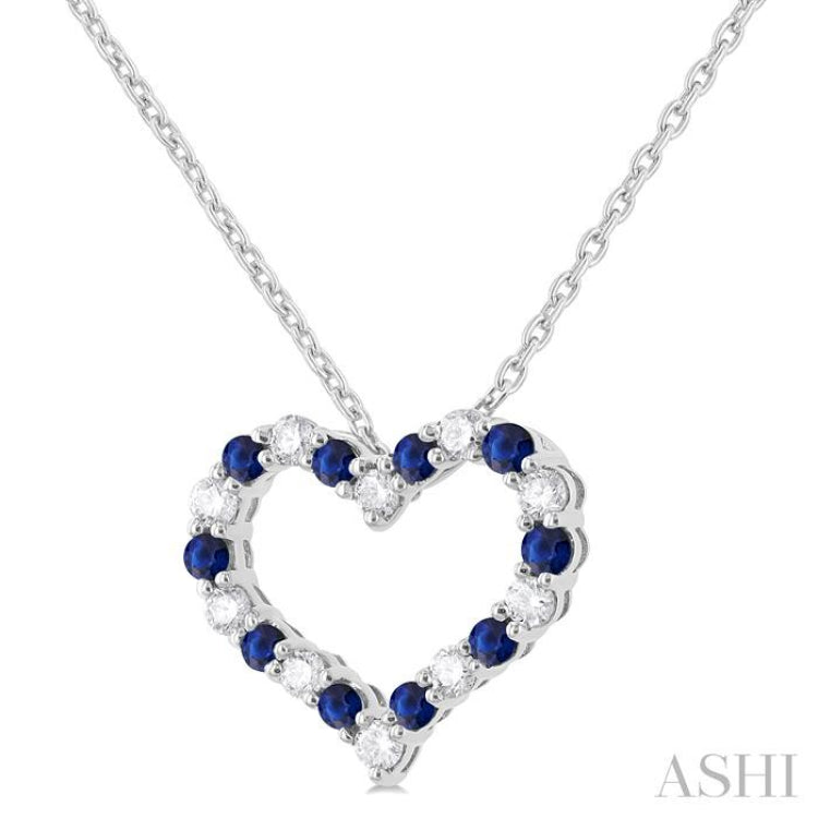 1/4 ctw Open Heart 1.80 MM Round Cut Sapphire and Round Cut Diamond Precious  Fashion Pendant With Chain in 14K White Gold