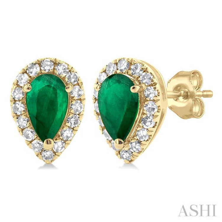 1/8 ctw Round Cut Diamond and 5X3MM Pear Cut Emerald Halo Precious Stud Earrings in 10K Yellow Gold