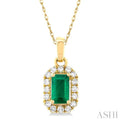 1/20 ctw Round Cut Diamond and 5X3MM Octagonal Shape Emerald Halo Precious Pendant with Chain in 10K Yellow Gold