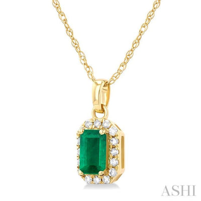 1/20 ctw Round Cut Diamond and 5X3MM Octagonal Shape Emerald Halo Precious Pendant with Chain in 10K Yellow Gold