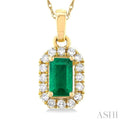 1/20 ctw Round Cut Diamond and 5X3MM Octagonal Shape Emerald Halo Precious Pendant with Chain in 10K Yellow Gold