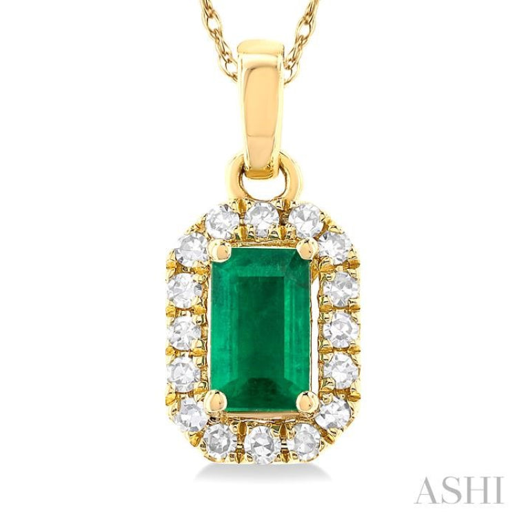 1/20 ctw Round Cut Diamond and 5X3MM Octagonal Shape Emerald Halo Precious Pendant with Chain in 10K Yellow Gold